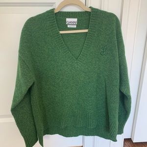 Ganni green wool v neck sweater size S/M